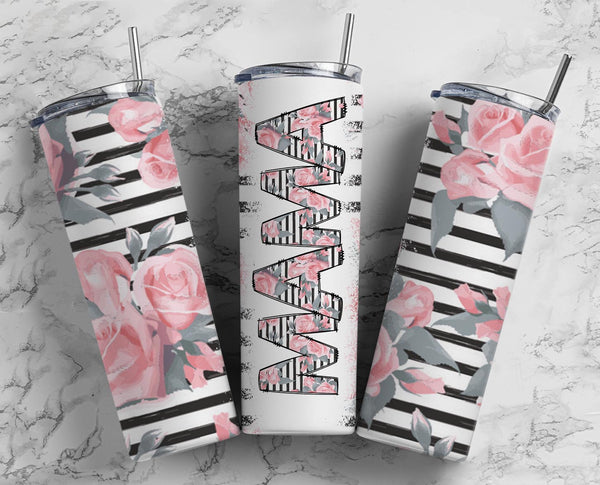 Mom MAMA Pink Floral Stripe Print 20 oz Skinny Tumbler – Burlap Bowtique