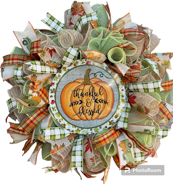 Thankful and Blessed Fall Pumpkin DIY Wreath Kit or Wreath, Fall Decor, Fall Wreath Door Hanger