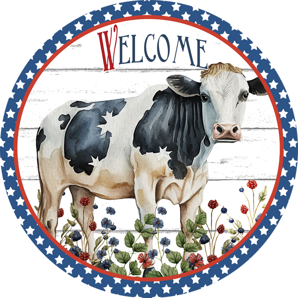 Welcome Cow Patriotic Sign, Door Hanger, Wreath Sign, Tray Decor