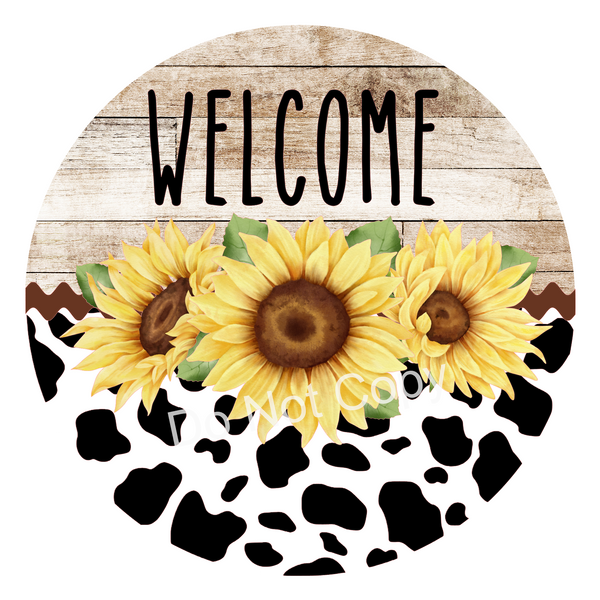 Welcome Cow Print Sunflower Rustic Farmhouse Sign, Welcome Door Hanger, Wreath Sign