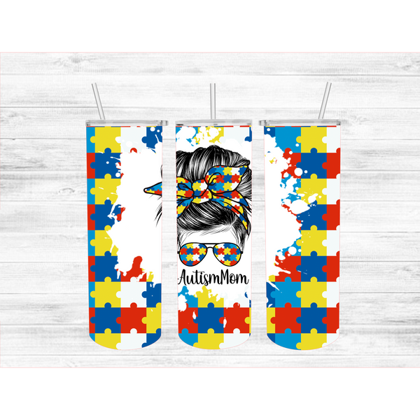 Autism Awareness Autism Mom 20 oz Skinny Tumbler, Messy Bun
