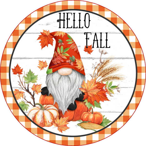 Hello Fall Gnome Autumn Sign, Fall Door Hanger, Wreath Sign