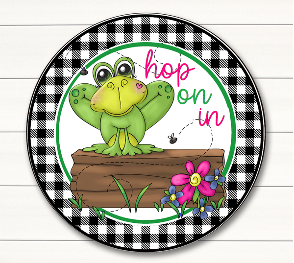 Spring Frog Sign, Hop on In Sign, Wreath Sign Attachment, Rustic Sign. Spring Decor