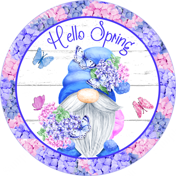 Hello Spring Gnome Hydrangea Sign, Spring Sign, Door Hanger, Wreath Sign