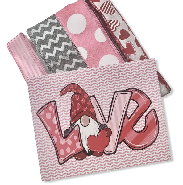 Love Gnome Valentine Sign and Ribbon Kit,  Valentine Wreath Kit, Wreath Supplies