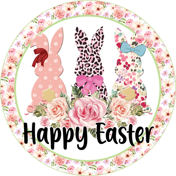 Happy Easter Floral Bunnies Spring Sign, Door Hanger, Wreath Sign, Tray Decor, Easter decor