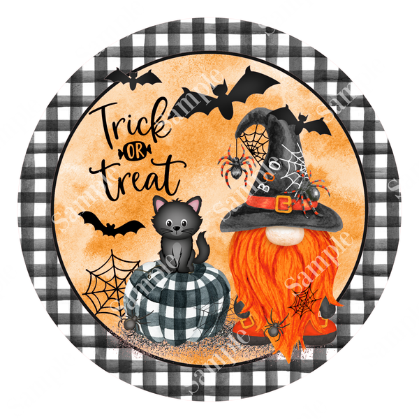 Trick or Treat Gnome HAL 010 Halloween Sign, Wreath Supplies, Wreath Attachment, Door Hanger, Wreath Sign