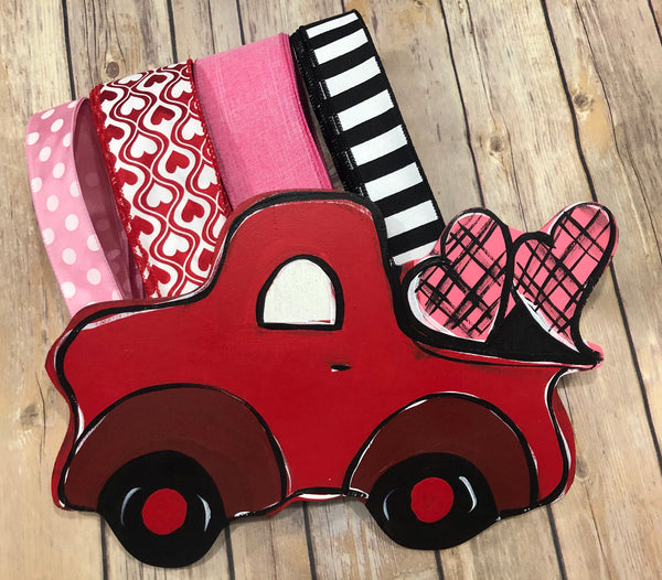 Red Truck Pink Hearts Valentine Sign and Ribbon Kit,  Valentine Wreath Kit, Wreath Supplies