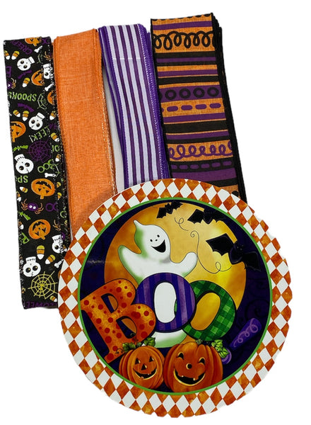 Boo Halloween Ghost Sign and Ribbon Combo Bundle, Spring Craft Supplies, Wreath Supplies