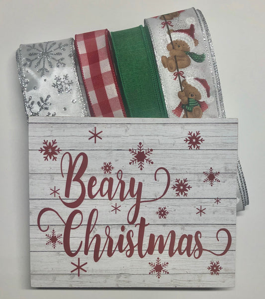Beary Christmas Sign and Ribbon Kit,  Christmas Wreath Kit, Wreath Supplies