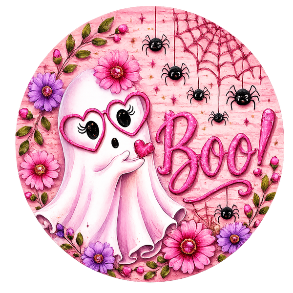 Pink "Boo!" Ghost Round Sign – Whimsical Halloween Door Hanger | Cute Ghost Decor | Wreath Sign