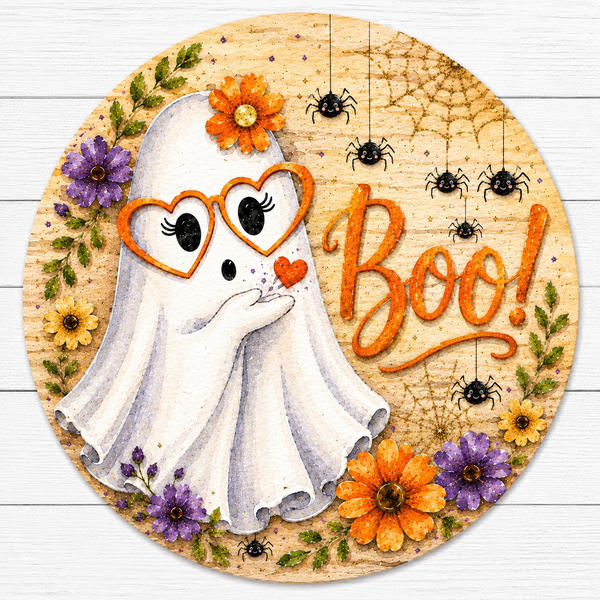 "Boo!" Ghost Round Sign – Whimsical Halloween Door Hanger | Cute Ghost Decor | Wreath Sign