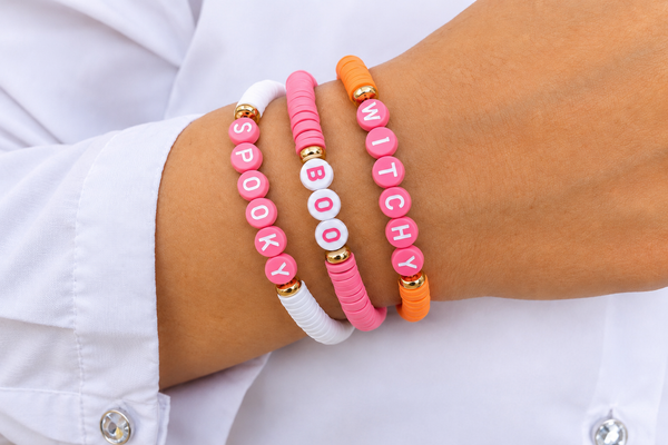 Pink Halloween Heishi Bead Stretch Bracelet Set – Spooky, Boo & Witch Stack | Cute Halloween Bracelet Trio
