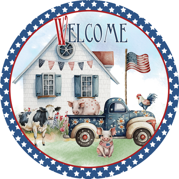 Welcome Americana Patriotic Sign, Door Hanger, Wreath Sign, Tray Decor