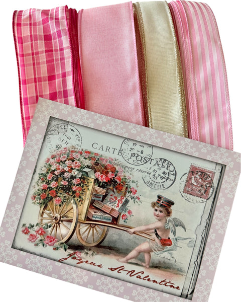 Vintage Cupid Valentine Sign and Ribbon Wreath Kit, Valentine Craft Supplies, Wreath Supplies