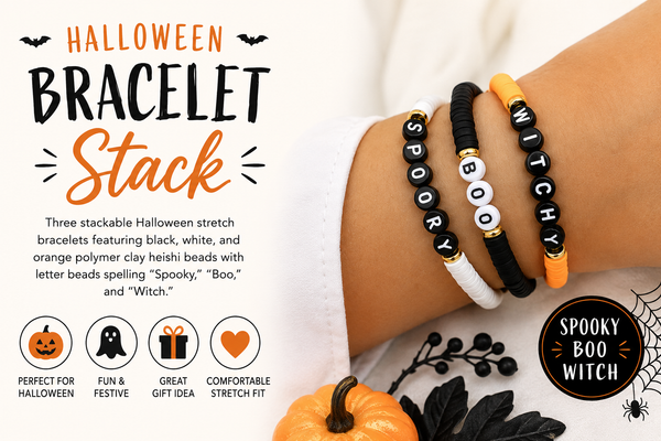 Halloween Heishi Bead Stretch Bracelet Set – Spooky, Boo & Witch Stack | Cute Halloween Bracelet Trio
