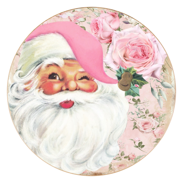 Vintage Pink Jolly Santa Sign, Christmas Decor, Door Hanger, Wreath Sign, Tray Sign