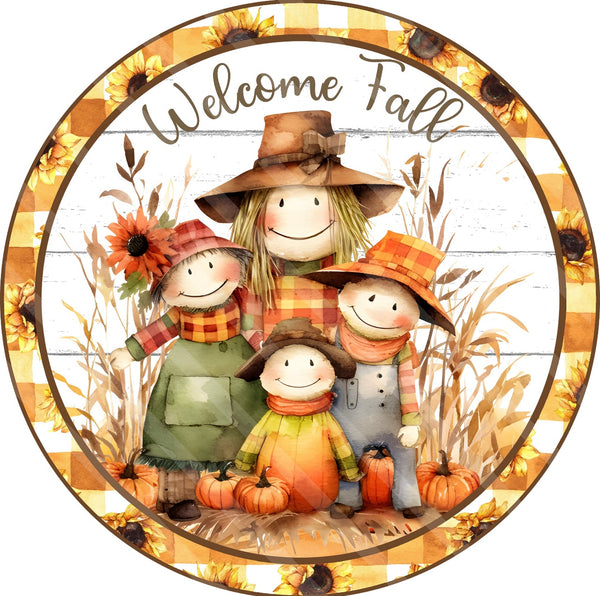 Welcome Fall Pumpkin Scarecrow Family Fall Autumn Sign, Fall Door Hanger, Wreath Sign