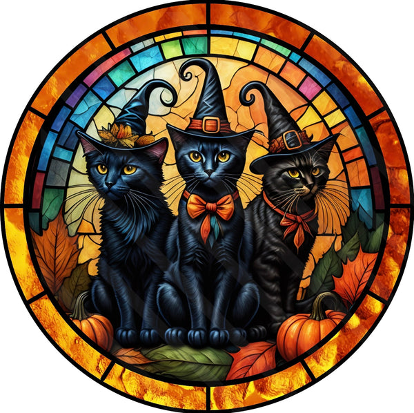Faux Stained Glass Witch Black Cats Halloween Sign, Wreath Attachment, Door Hanger, Wreath Sign