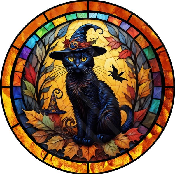 Faux Stained Glass Black Witch Cat Halloween Sign, Wreath Attachment, Door Hanger, Wreath Sign