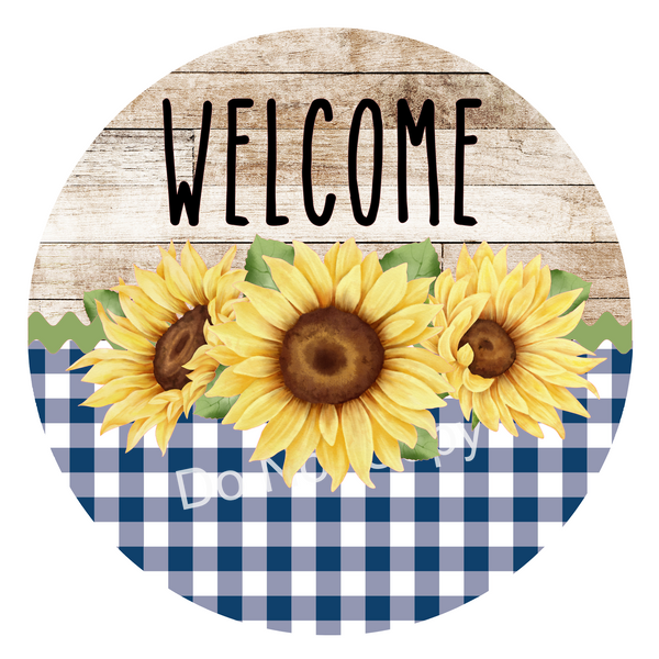 Welcome Blue Buffalo Plaid Sunflower Rustic Farmhouse Sign, Welcome Door Hanger, Wreath Sign