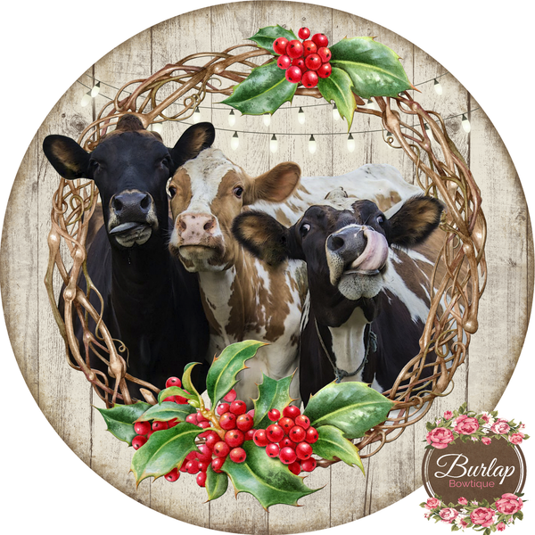 Farmhouse Cow Christmas Sign, Wreath Supplies, Wreath Attachment, Door Hanger, Wreath Sign