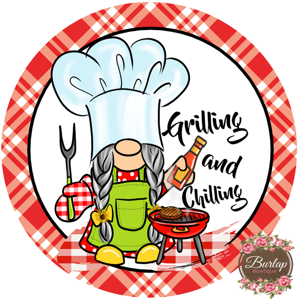 Barbeque Grilling Gnome Girl BBQ Summer Sign  Door Hanger, Wreath Supplies, Wreath Attachment