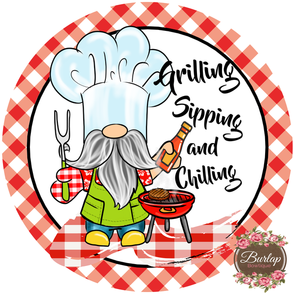 Barbeque Grilling Gnome BBQ Summer Sign  Door Hanger, Wreath Supplies, Wreath Attachment