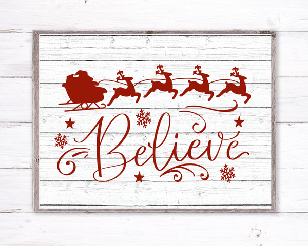 Believe Santa Sleigh Christmas Sign, Wreath Sign Attachment, Rustic Sign, Farmhouse Decor