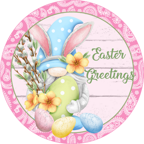 Easter Greetings Gnome Spring Sign, Door Hanger, Wreath Sign, Tray Decor