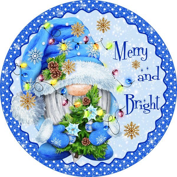 Merry and Bright Blue Gnome Winter Christmas Sign, Christmas Decor, Door Hanger, Wreath Sign
