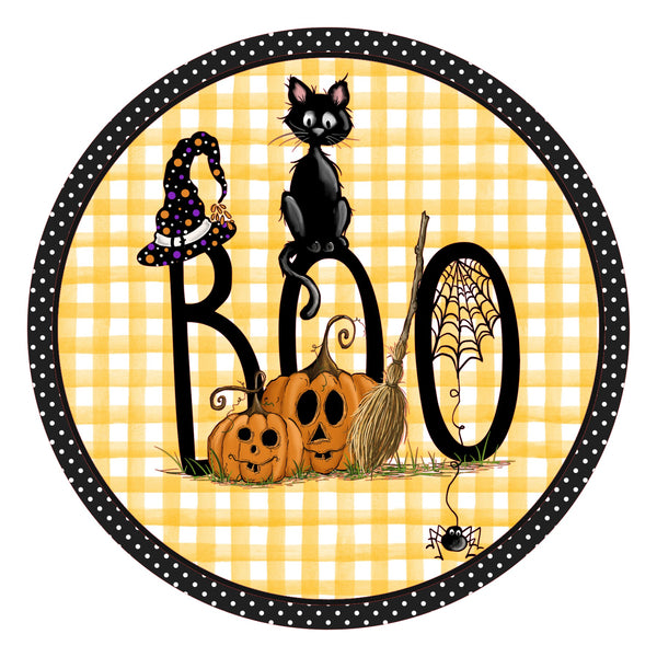 Boo Black Cat Pumpkins Hallowen Sign, Wreath Supplies, Wreath Attachment, Door Hanger, Wreath Sign