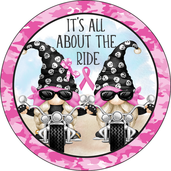 Breast Cancer Awareness Gnome Biker Sign, Welcome Door Hanger, Wreath Sign