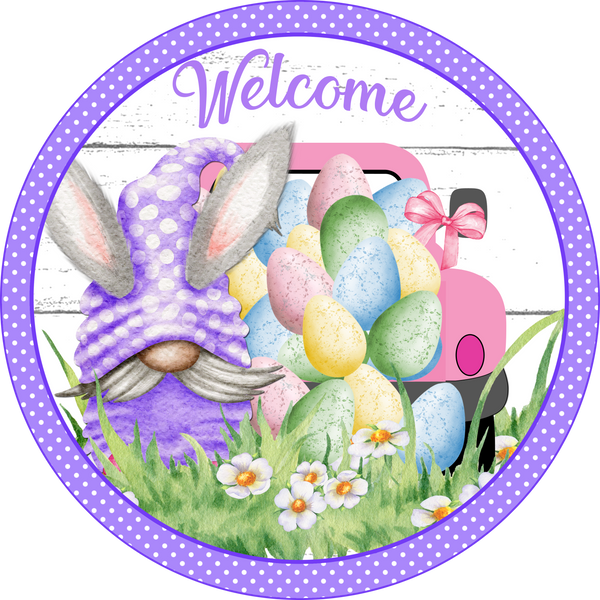 Welcome Spring Lavendar Easter Bunny GNOME Sign, Wreath Sign Attachment, Rustic Sign. Spring Decor, Farmhouse