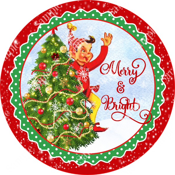 Merry and Bright Vintage ELF Christmas Sign, Wreath Supplies, Wreath Attachment, Door Hanger, Wreath Sign