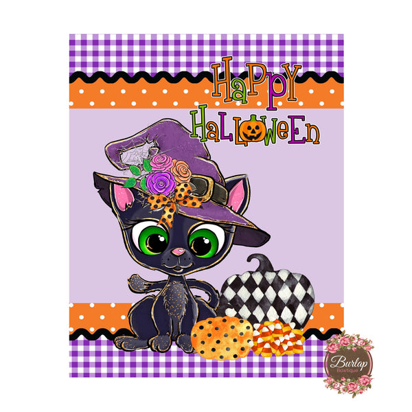 Happy Halloween Cat Witch Sign, Wreath Sign Attachment, Rustic Sign. Summer Decor, Farmhouse