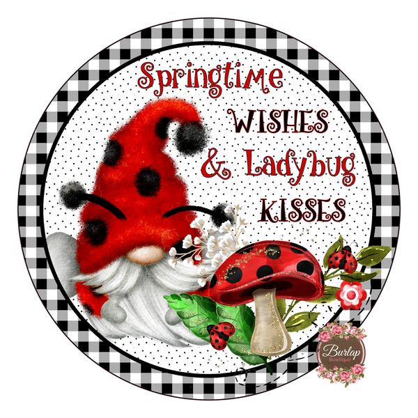 Ladybug Wishes Gnome Spring Sign, Spring Sign, Door Hanger, Wreath Sign