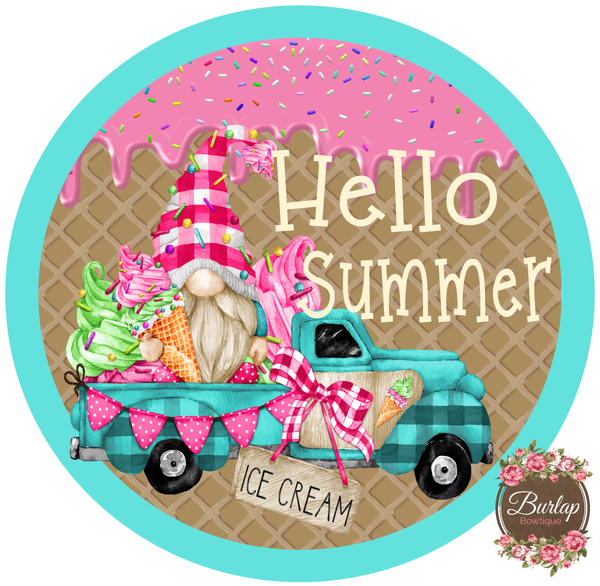 Hello Summer Ice Cream Gnome Truck Sign, Summer Sign, Wreath Supplies, Wreath Attachment