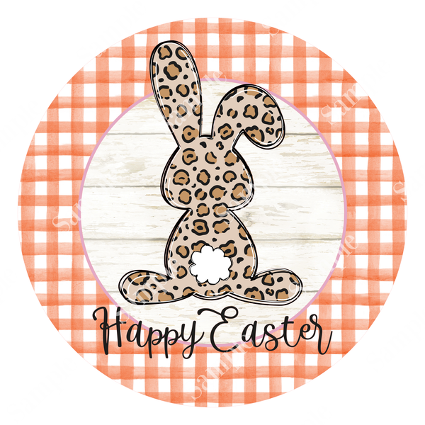 Happy Easter Leopard Bunny Spring Sign, Orange Plaid Door Hanger, Wreath Sign, Tray Decor