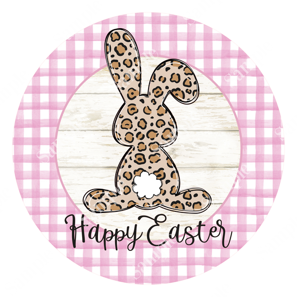 Happy Easter Leopard Bunny Spring Sign, Pink Plaid Door Hanger, Wreath Sign, Tray De