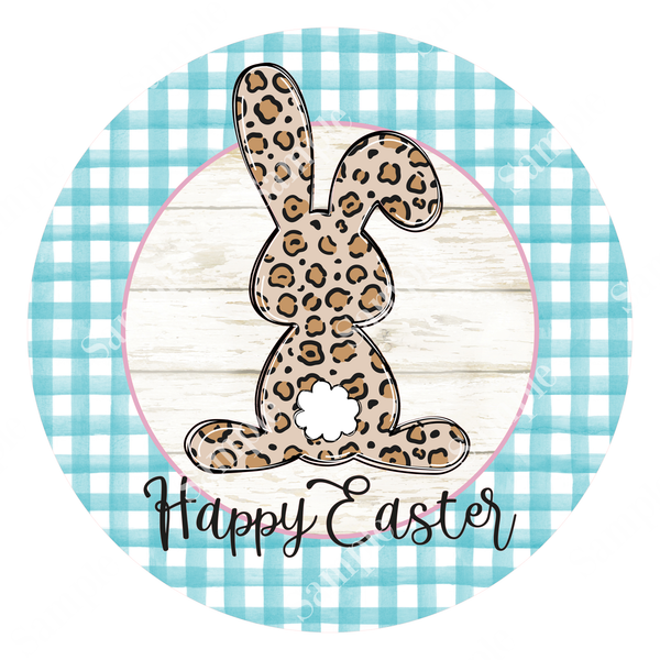 Happy Easter Leopard Bunny Spring Sign, Turquoise Plaid Door Hanger, Wreath Sign, Tray De