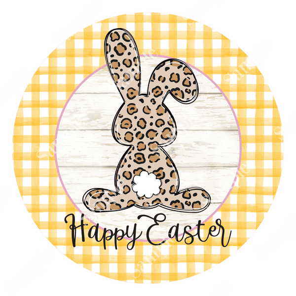 Happy Easter Leopard Bunny Spring Sign, Yellow Plaid Door Hanger, Wreath Sign, Tray De