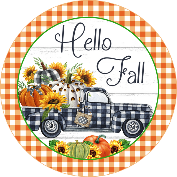 Hello Fall Sunflower Pumpkin Truck Sign, Wreath Supplies, Wreath Attachment, Door Hanger, Wreath Sign