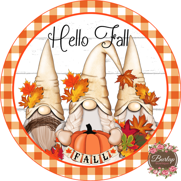 Hello Fall Gnome Sign, Wreath Supplies, Wreath Attachment, Door Hanger, Wreath Sign