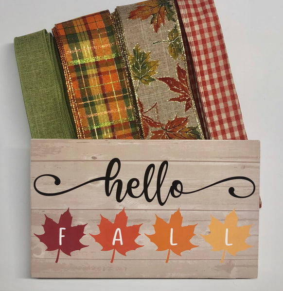 Hello Fall Leaves Fall Sign and Ribbon Kit, Thanksgiving Wreath Kit, Wreath Supplies
