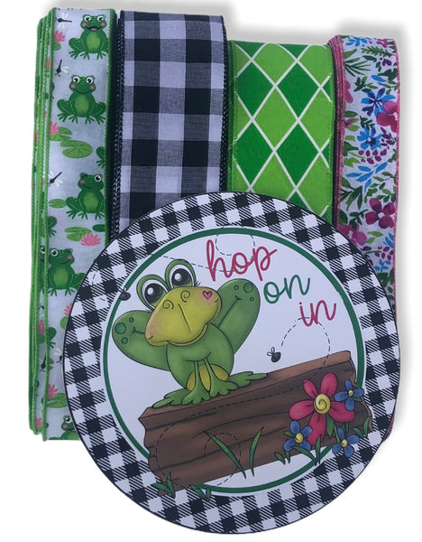 Hop on In  Frog Sign and Ribbon Combo Kit, Spring Wreath Kit, Wreath Supplie