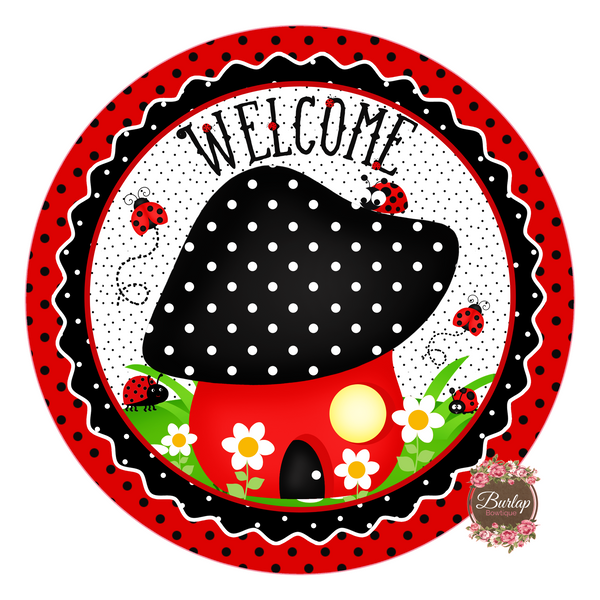 Welcome Ladybug Mushroom Spring Sign, Spring Sign, Door Hanger, Wreath Sign