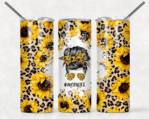 Leopard Sunflower Mom Life, Messy Bun 20 oz Skinny Tumbler