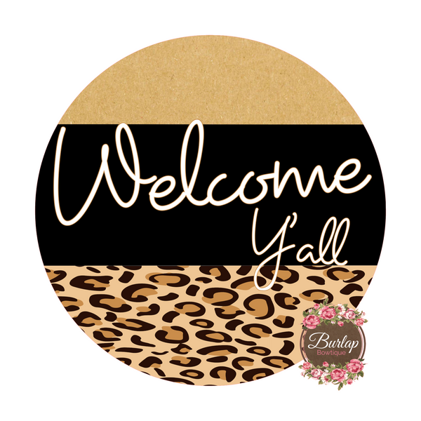 Welcome Y'all Leopard Sign, Wreath Supplies, Wreath Attachment, Door Hanger, Wreath Sign