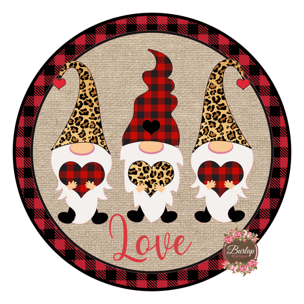 Love Gnome Trio Leopard Valentine Sign, Valentine Decorations, Door Hanger, Wreath Sign